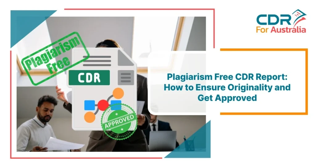 Plagiarism Free CDR Report banner showing approved CDR document graphic with engineers working in office background and “Plagiarism Free” and “Approved” stamps.