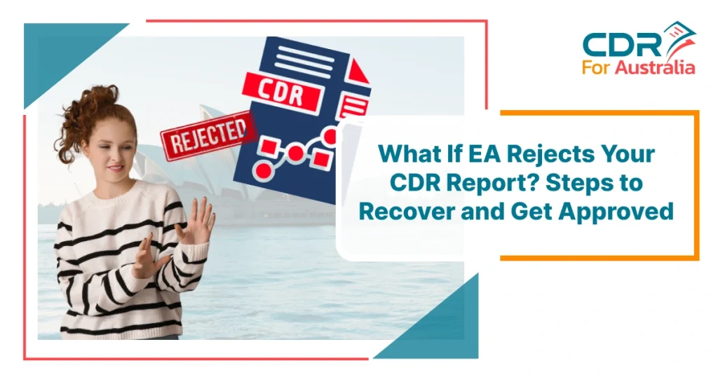 Engineers Australia CDR report rejected concept with red rejected stamp and guide on steps to recover and get CDR approval