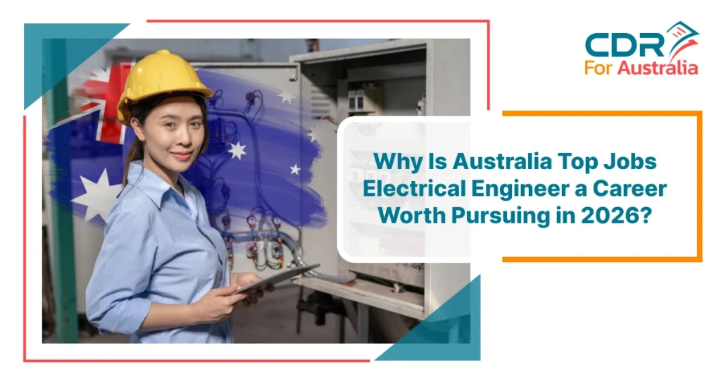 Australia Top Jobs Electrical Engineer concept showing an electrical engineer inspecting electrical control panels with the Australian flag background.