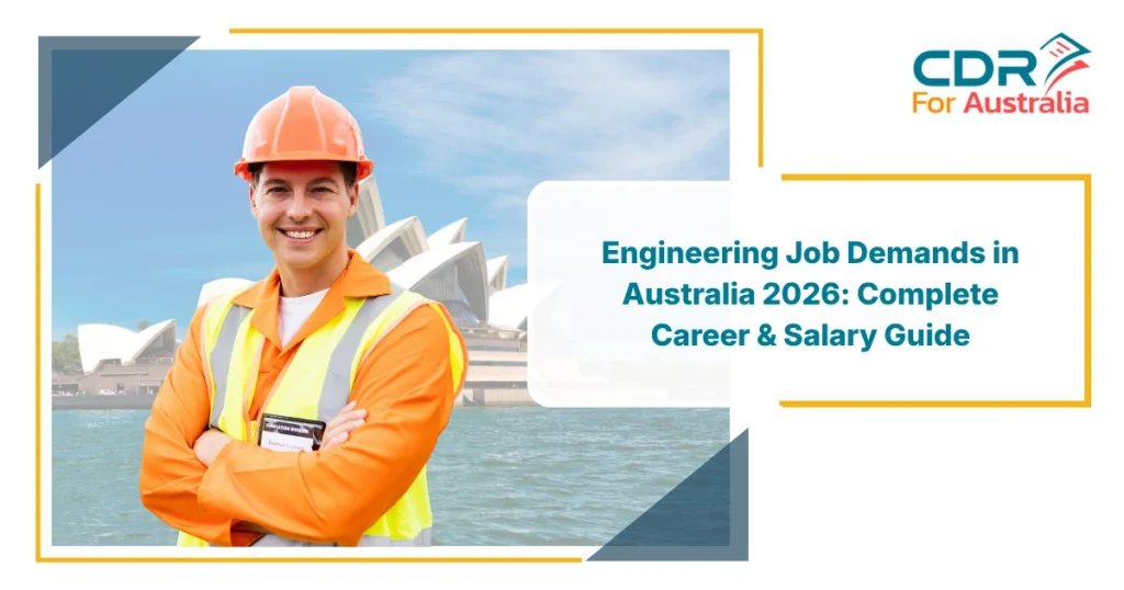 Professional engineer in safety gear standing in front of the Sydney Opera House with text “Engineering Job Demands in Australia 2026: Complete Career & Salary Guide” highlighting Engineering Job Demands in Australia.