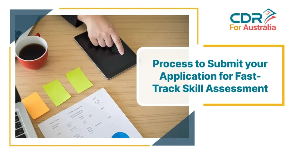 Person pointing at a tablet with documents and sticky notes on desk, Application for fast-tracked skill assessment process.
