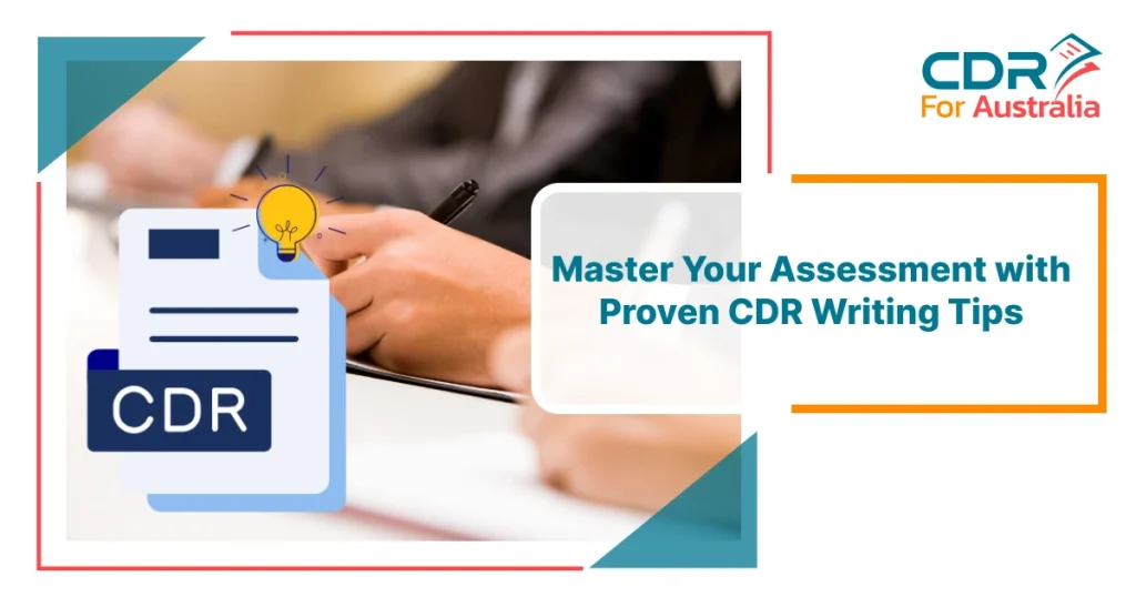 Professional writing a report with illustration highlighting CDR Writing Tips for Engineers Australia skills assessment.