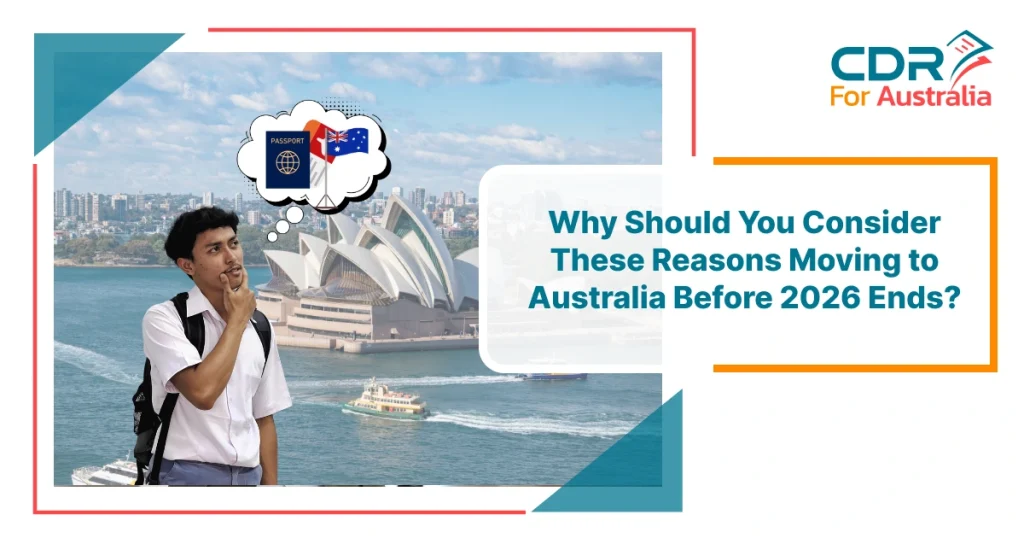 Reasons moving to Australia illustrated by a student thinking about an Australian visa and passport with the Sydney Opera House in the background.