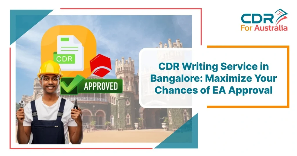CDR Writing Service in Bangalore banner with engineer holding tools, CDR approved icon, and message about maximizing chances of EA approval