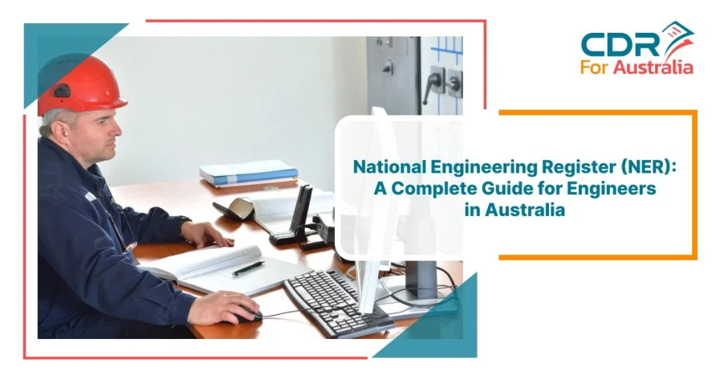 Engineer wearing safety helmet working on computer with National Engineering Register (NER) guide for engineers in Australia banner.