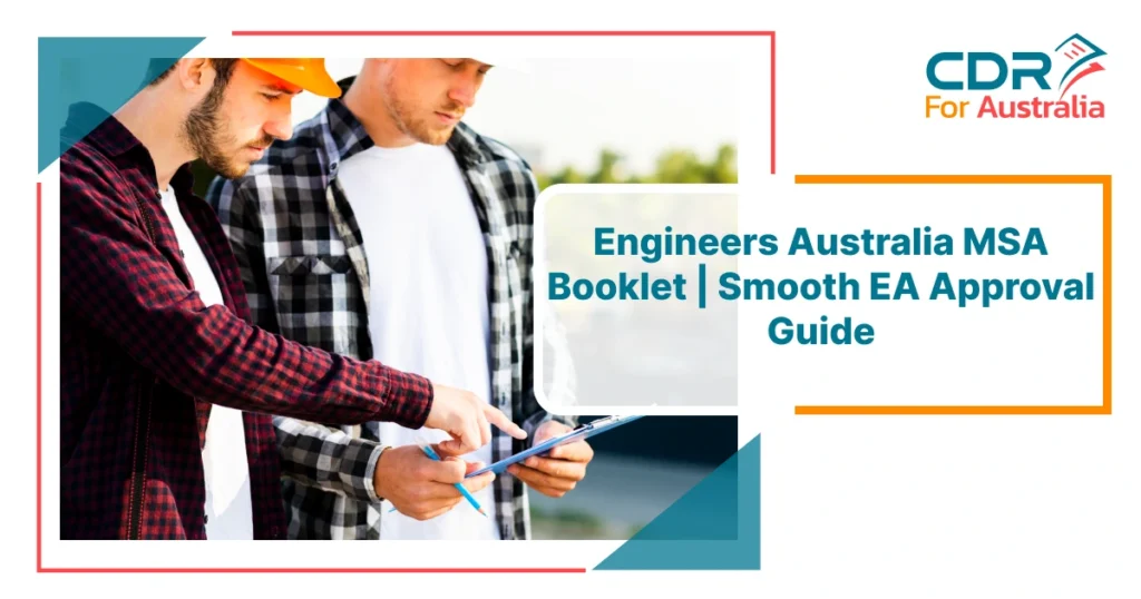 Two engineers in safety helmets reviewing a document together, with overlaid text reading “Engineers Australia MSA Booklet | Smooth EA Approval Guide” and the “CDR For Australia” logo in the top right corner.