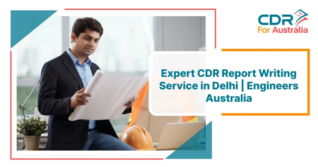 A CDR writer in a formal outfit reviewing engineering documents in an office setting, with safety helmet and laptop on the desk, promoting expert CDR report writing services in Delhi for Engineers Australia.