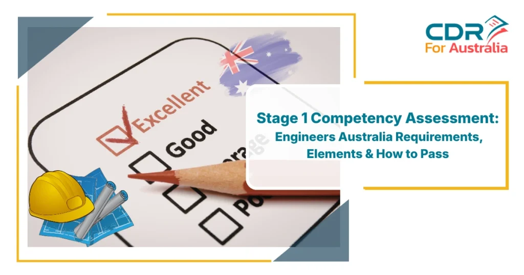 Stage 1 Competency Assessment guide for Engineers Australia showing assessment checklist, engineering tools, and requirements for passing the competency evaluation process.
