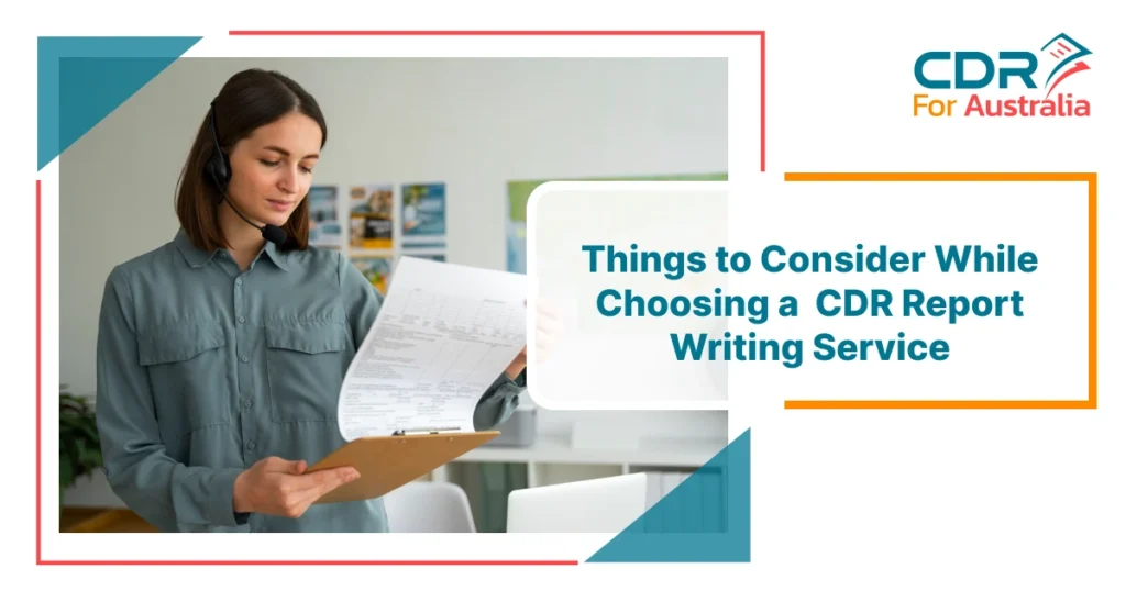 Woman reviewing documents with a headset, representing CDR report writing services.