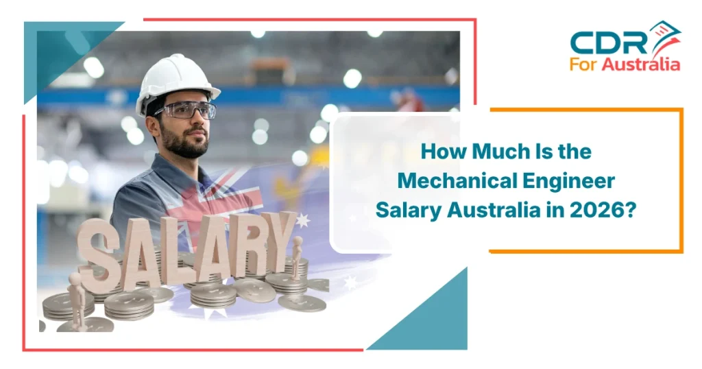 Mechanical Engineer Salary Australia 2026 infographic showing an engineer in a factory with salary concept and Australian background.