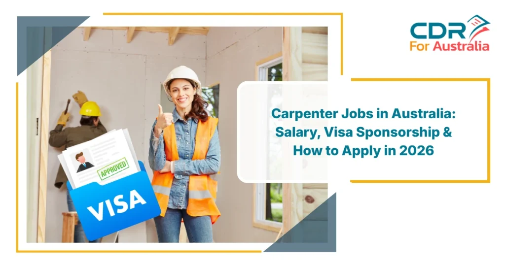 Female construction worker standing at a building site with visa documents, representing Carpenter Jobs in Australia with salary, visa sponsorship, and application opportunities in 2026.