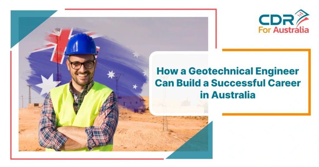 Geotechnical engineer wearing a safety helmet and vest at a construction site with the Australian flag background representing career opportunities for geotechnical engineers in Australia.