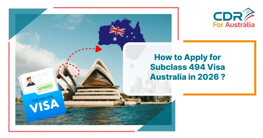Subclass 494 Visa Australia application guide 2026 with Sydney Opera House, visa approval document, and Australia map illustration