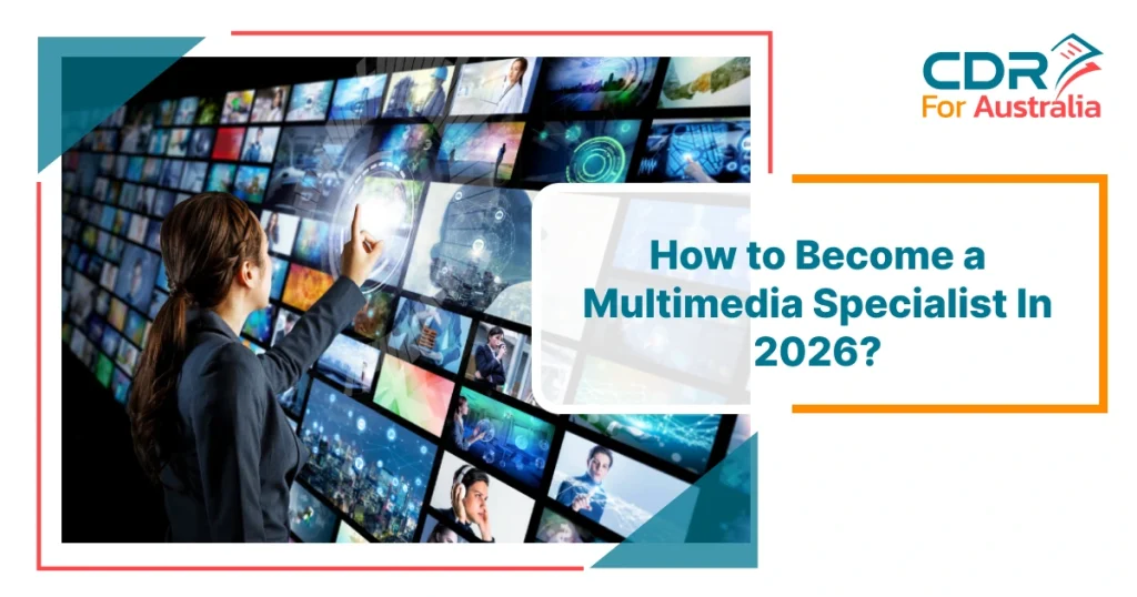 Multimedia specialist working with digital screens and interactive media displaying various visual content, illustrating how to become a multimedia specialist in 2026