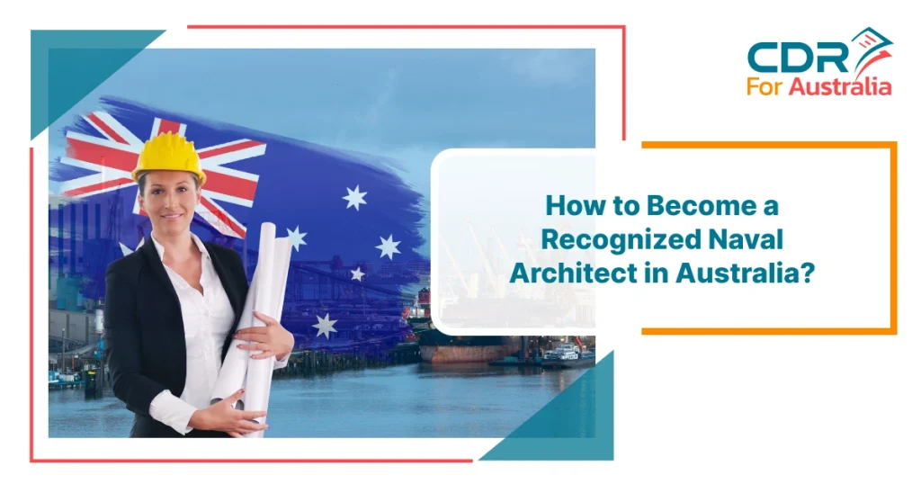 Naval architect holding blueprints with Australian flag background and shipyard, representing how to become a recognized naval architect in Australia