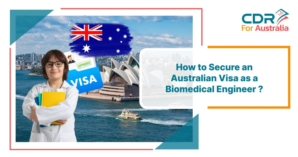 Biomedical engineer holding books with Australian flag and visa approval graphic over Sydney Opera House background representing how to secure an Australian visa.