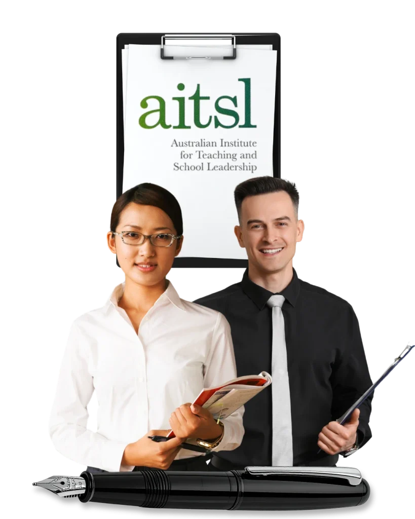Professionals holding documents in front of an AITSL clipboard, representing AITSL Skill Assessment for teaching and migration purposes