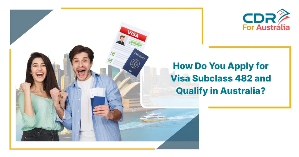 Excited applicants holding passport and visa approval documents with Sydney background – Visa Subclass 482 process
