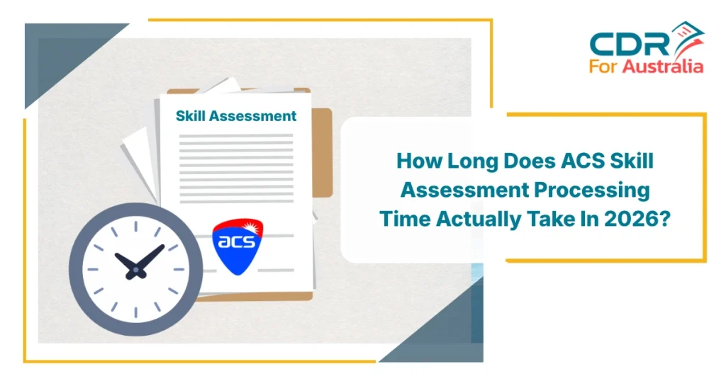 Illustration showing documents labeled skill assessment, ACS logo, and a clock with text about ACS Skill Assessment Processing Time in 2026.