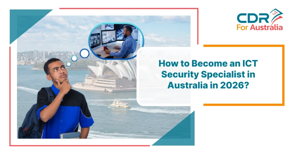 ICT Security Specialist career path in Australia 2026 showing student planning cybersecurity job opportunities with Sydney Opera House background