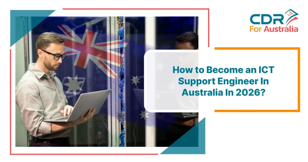 ICT Support Engineer working on a laptop in a server room with Australia flag overlay, illustrating how to become an ICT Support Engineer in Australia in 2026