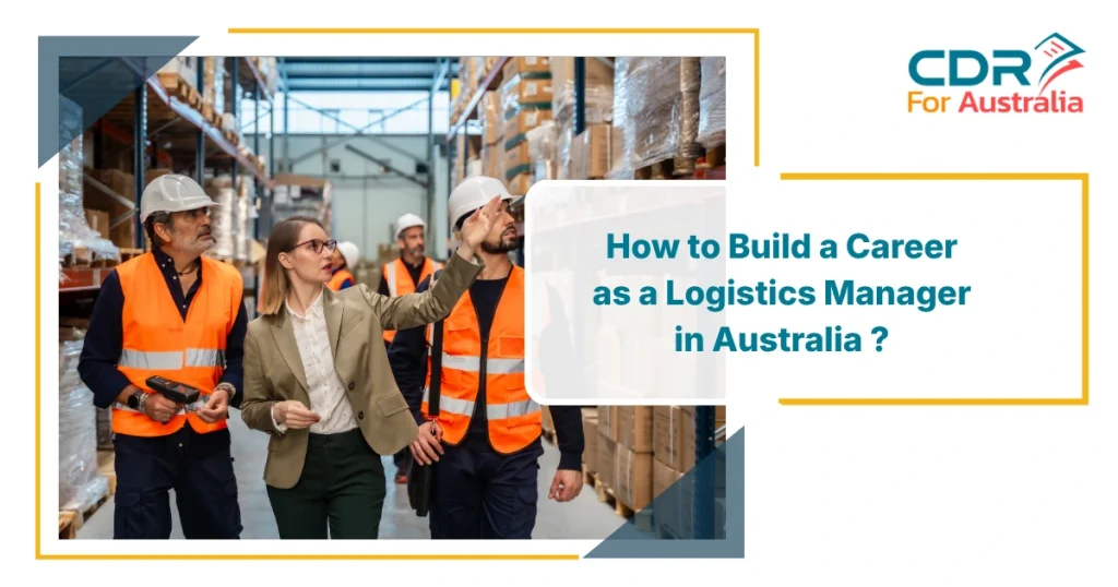 A warehouse team led by a professional manager inspecting inventory shelves, with text promoting a career as a Logistics Manager in Australia.