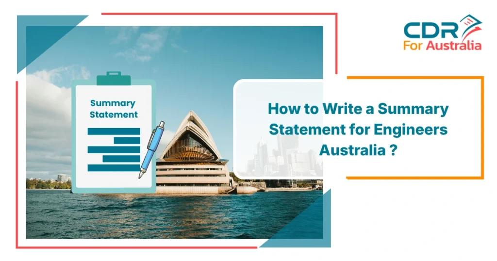 Professional promotional graphic titled Summary Statement for Engineers Australia featuring the Sydney Opera House waterfront background, a clipboard labeled summary statement, and bold text asking how to write a summary statement for engineers in Australia.