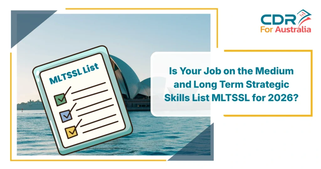 Promotional graphic highlighting the Medium and Long Term Strategic Skills List MLTSSL for Australia 2026, featuring a checklist icon, Sydney Opera House background, and text asking if your job is on the list.
