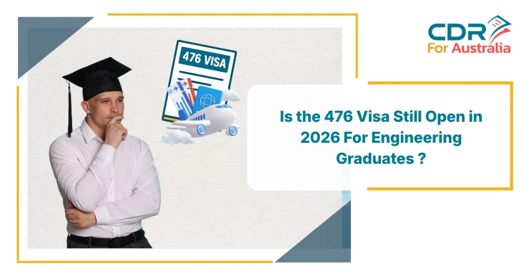 Thoughtful graduate in cap and gown beside travel documents and airplane graphic, asking if the 476 Visa is still open in 2026 for engineering graduates in Australia.
