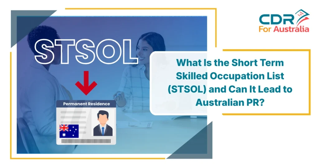 Short Term Skilled Occupation List STSOL guide showing pathway to Australian permanent residency with office meeting background and PR card graphic.