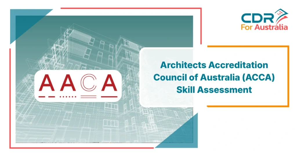 Architects Accreditation Council of Australia (AACA) skill assessment banner featuring AACA logo and architectural blueprint background.