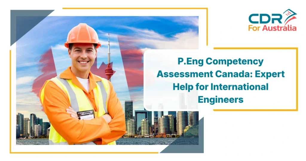Engineer in safety gear with Toronto skyline representing P.Eng Competency Canada assessment process