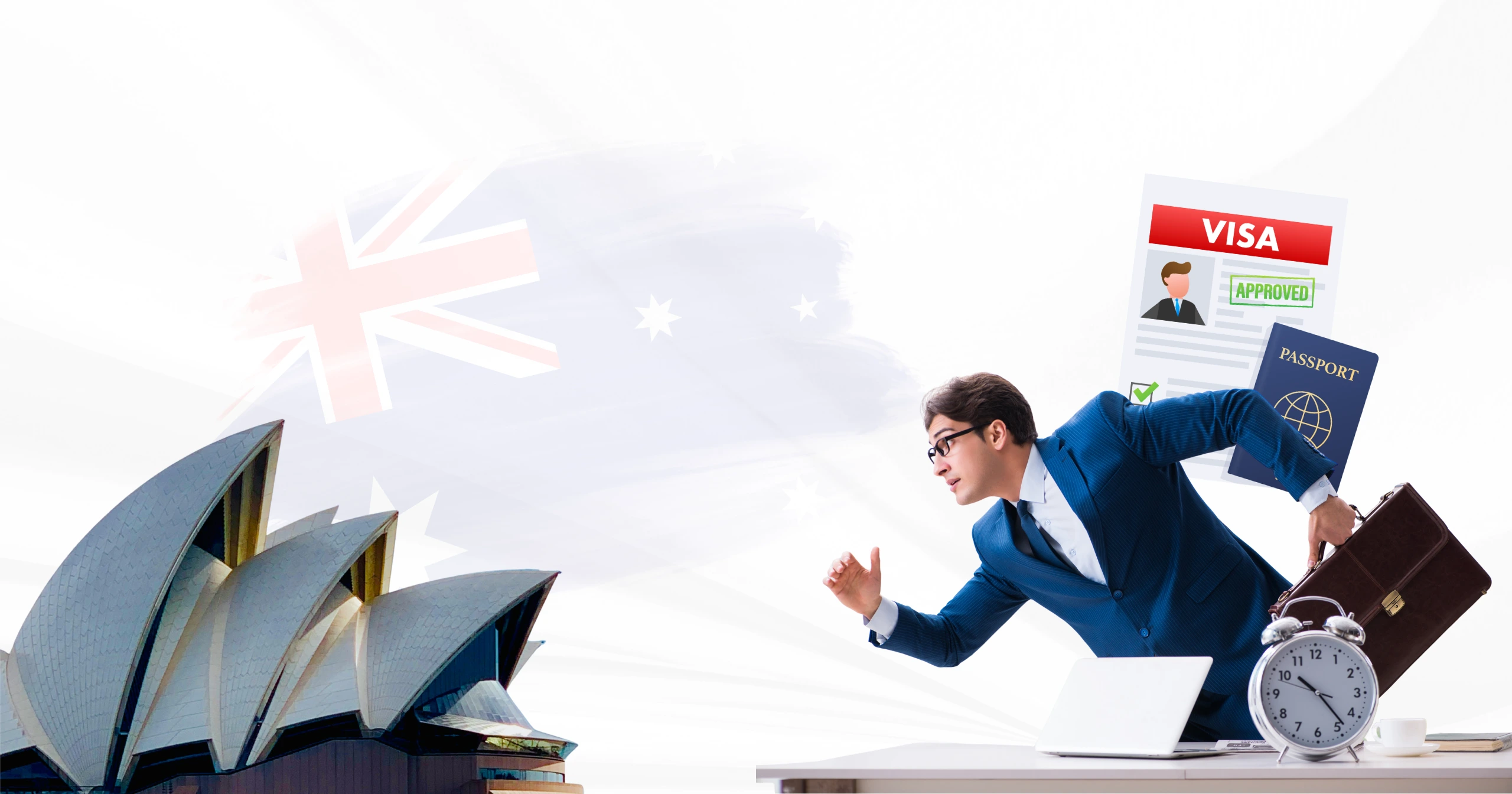 Business professional rushing with documents and passport beside Sydney Opera House symbolizing delays and urgency in 190 Visa Processing Time for Australia migration.