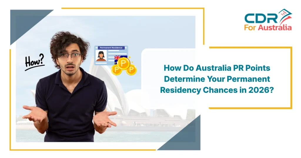 Man looking confused about Australia PR Points with permanent residency card, points icons, and Sydney background explaining PR chances in Australia for 2026.