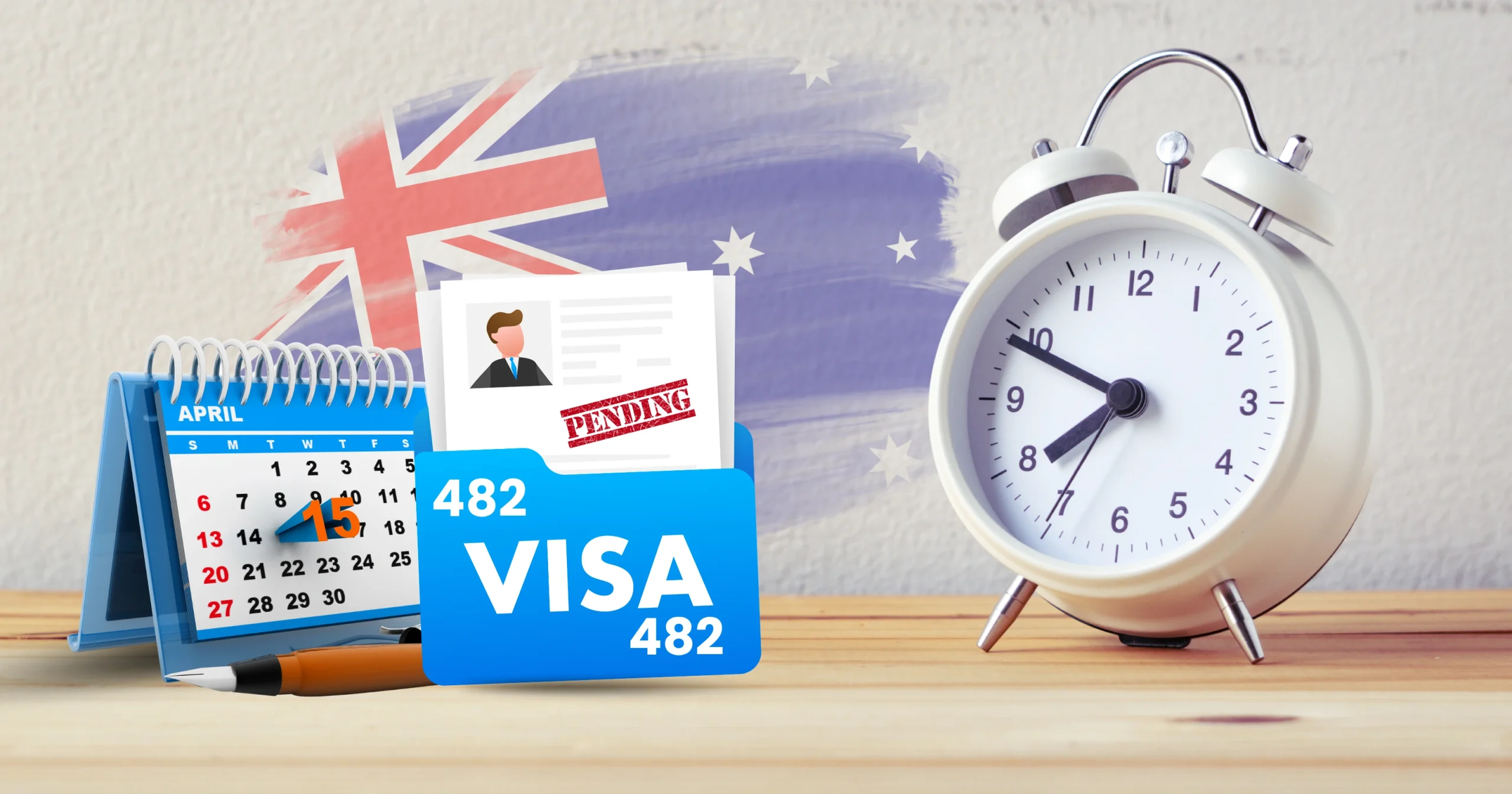 482 Visa Processing Time in Australia showing a pending visa application, calendar, and clock with the Australian flag in the background