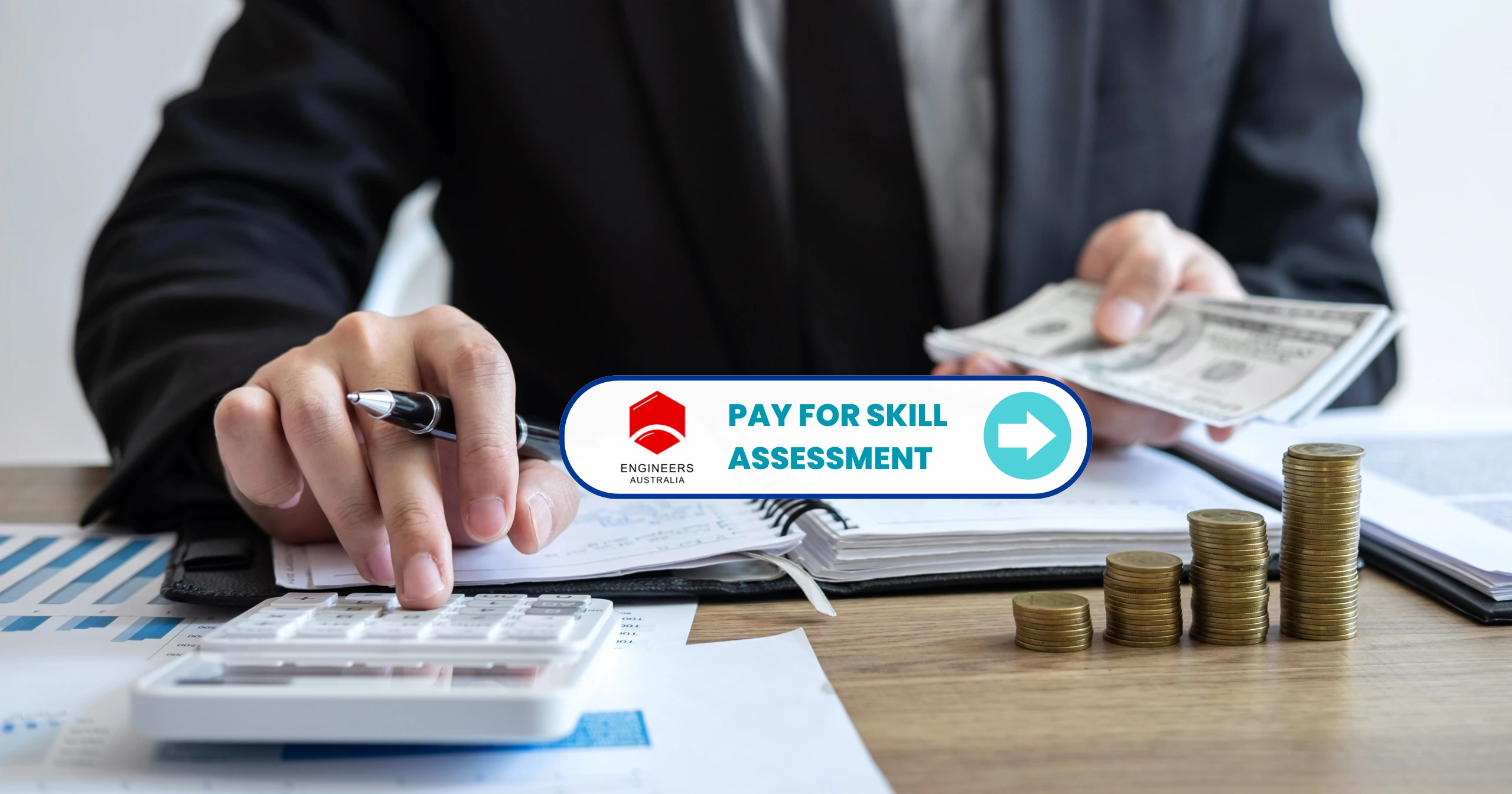Engineer calculating Engineers Australia (EA) Fee for skill assessment with calculator, cash, and financial documents on desk