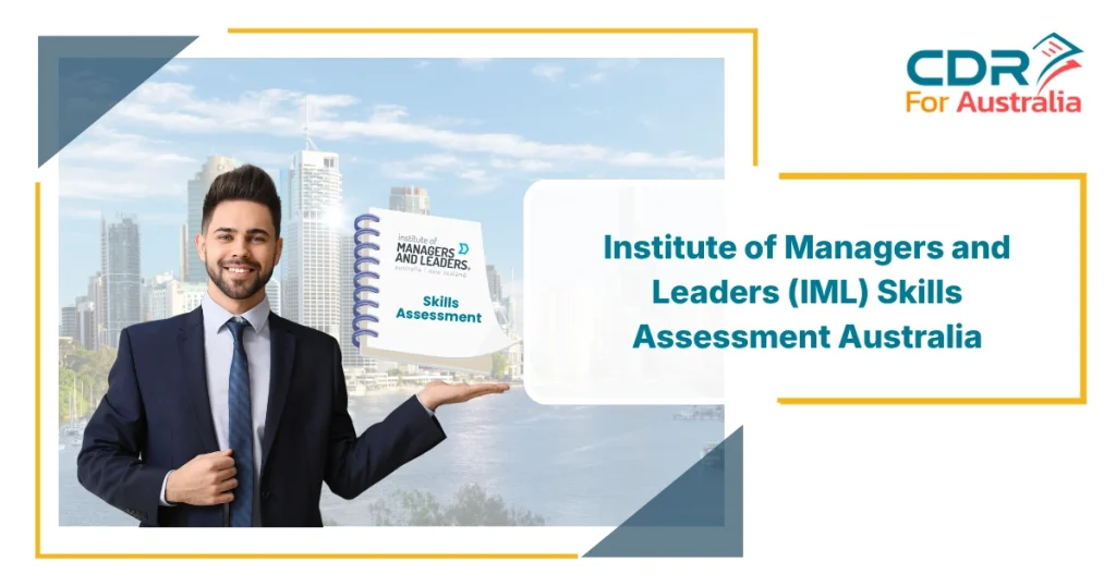 Professional man presenting a skills assessment booklet representing Institute of Managers and Leaders (IML) Skills Assessment Australia with a city skyline background.
