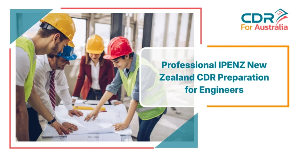 Engineers reviewing construction plans during a professional IPENZ New Zealand CDR preparation meeting for engineering migration and skills assessment.