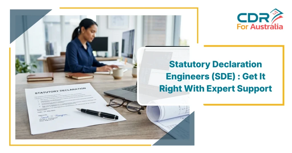 Professional workspace showing a statutory declaration document, laptop, and engineering plans representing Statutory Declaration Engineers (SDE) support services for engineers applying for assessment and migration purposes.