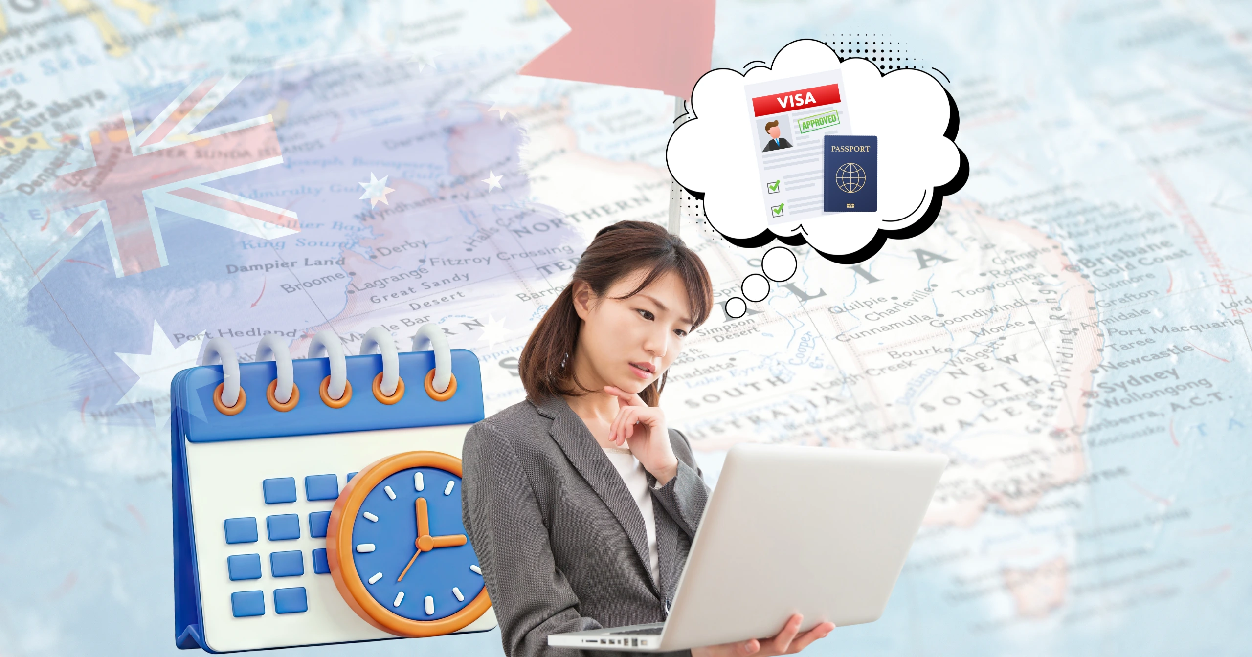 Professional woman checking visa application details on a laptop with Australia map background representing Visa Processing Time Australia