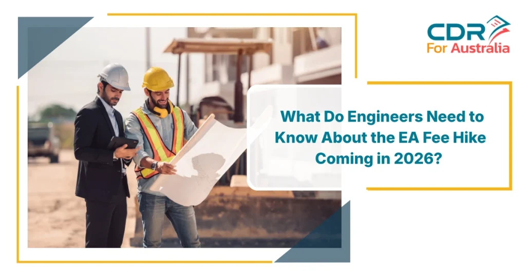 Engineers reviewing construction plans while discussing the EA Fee Hike Coming in 2026