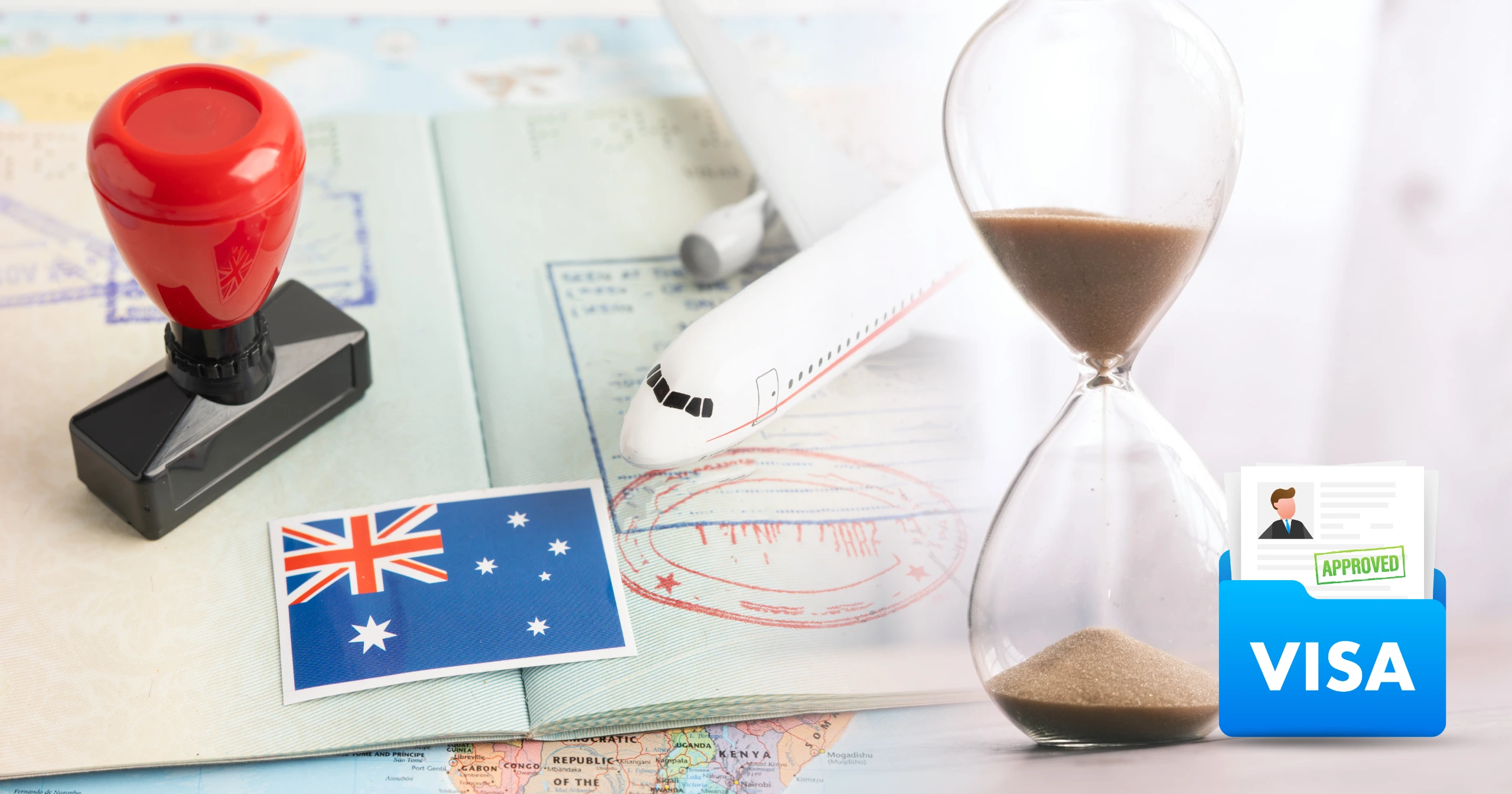186 Visa Processing Time illustration showing an Australian passport, visa approval stamp, airplane model, hourglass, and Australia flag representing Australia visa processing delays and timelines in 2026.