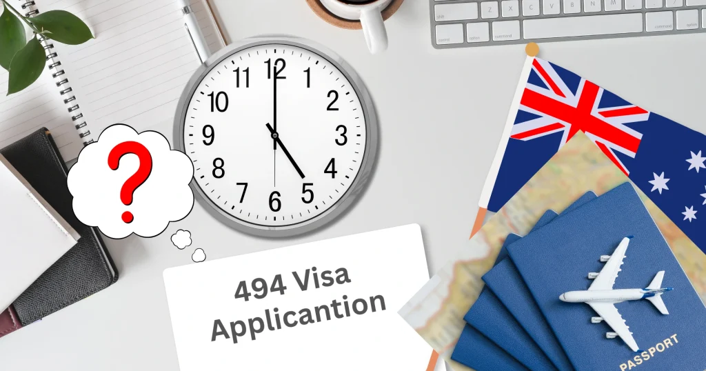 Clock and passports representing 494 Visa Processing Time for Australian visa applicants with travel and migration concept.