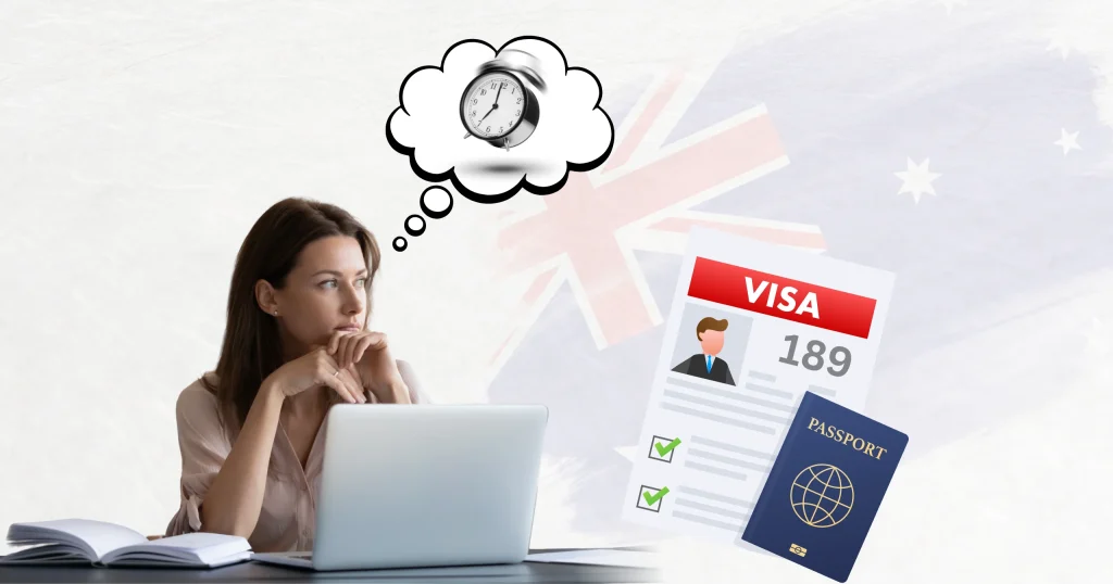 Woman thinking about 189 Visa Processing Time while reviewing Australian visa documents and passport on a laptop with Australia flag background.