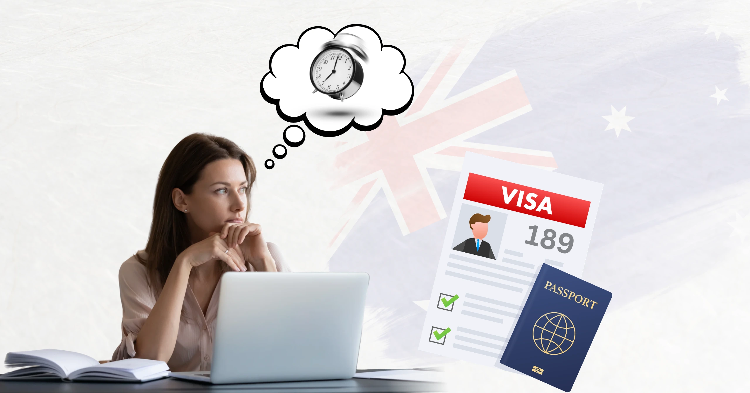Woman thinking about 189 Visa Processing Time while reviewing Australian visa documents and passport on a laptop with Australia flag background.