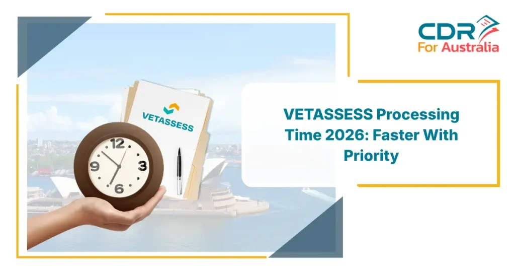 VETASSESS Processing Time 2026 feature image with clock, documents, and Sydney Opera House background