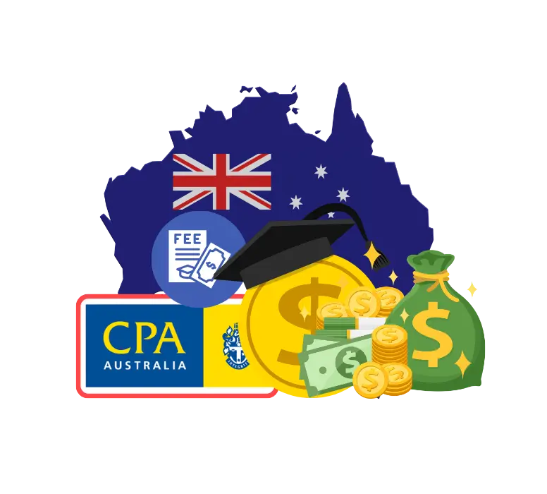 CPA Australia fees icon with Australia map, graduation cap, and money bag