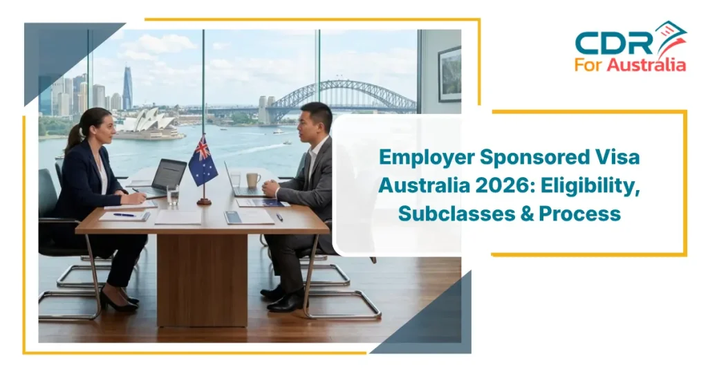 Employer sponsored visa Australia 2026, business meeting discussing visa sponsorship in Sydney