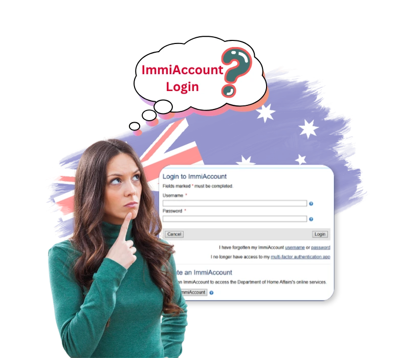 She thinking about ImmiAccount login screen with Australian flag background
