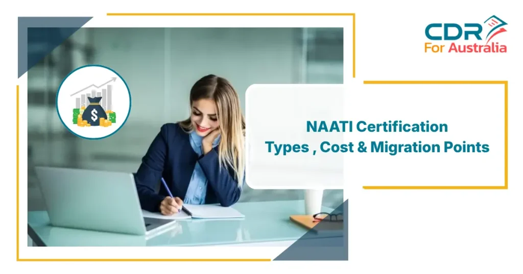 Woman reviewing NAATI certification types, cost, and migration points documents